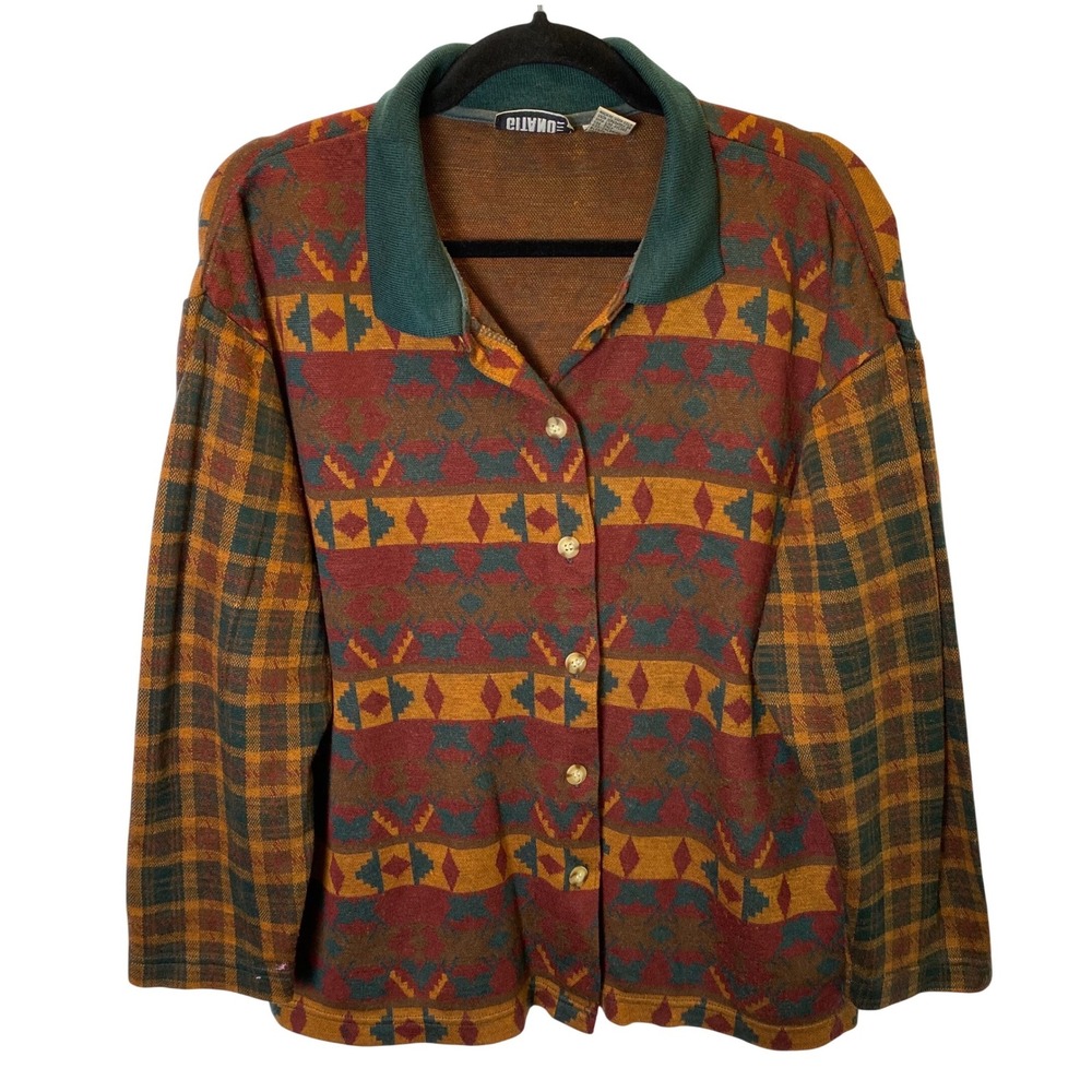 Vintage Gitano Button Up Knit Shirt Mens Medium Southwestern Aztec Cabin Rustic